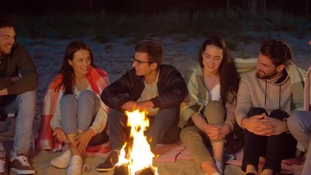 Groep vrienden zittend op kampvuur op het strand — Stockvideo