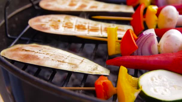 Vegetables and mushrooms roasting on brazier grill — Stock Video