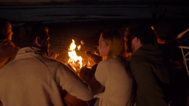 Друзья жарят зефир в огне на пляже — стоковое видео