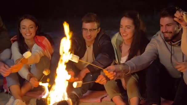 Amici arrostimento marshmallow sul fuoco campo sulla spiaggia — Video Stock