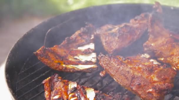 Grill mięso pieczenie na grillu kozieradki na zewnątrz — Wideo stockowe