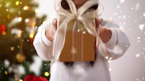 Mulher segurando caixa de presente no Natal — Vídeo de Stock