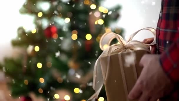 Pareja con caja de regalo en Navidad en casa — Vídeos de Stock