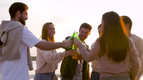 Друзья пьют безалкогольные напитки на пляже — стоковое видео