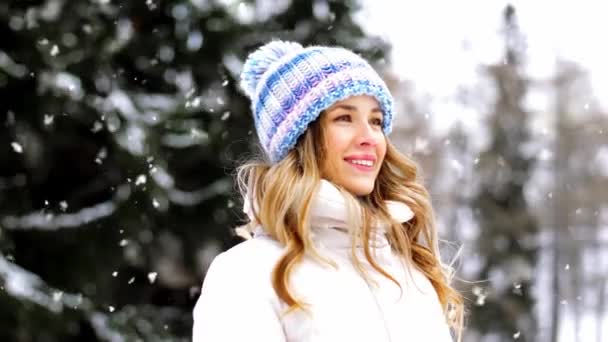 Portrait of happy smiling woman outdoors in winter — Stock Video