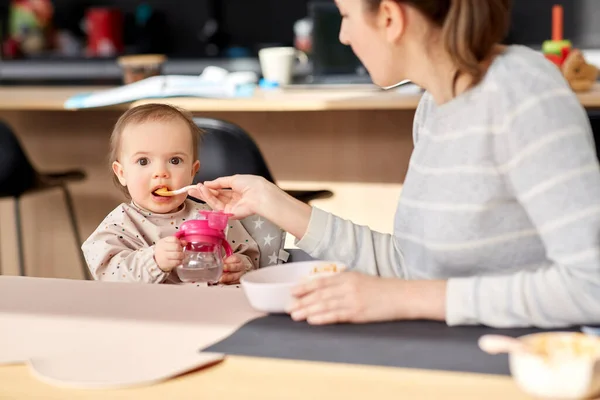 행복 한 어머니 가집에서 아기에게 순한 음식을 먹이는 모습 — 스톡 사진