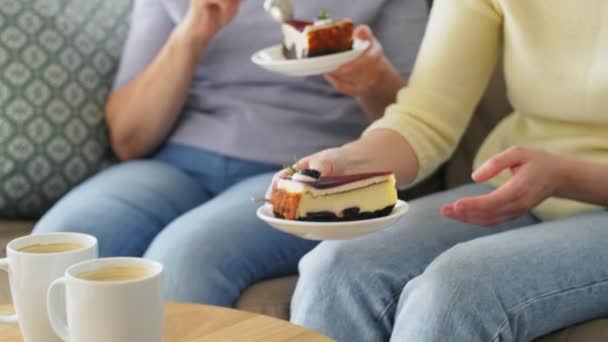 Alte Mutter und erwachsene Tochter essen Kuchen zu Hause — Stockvideo