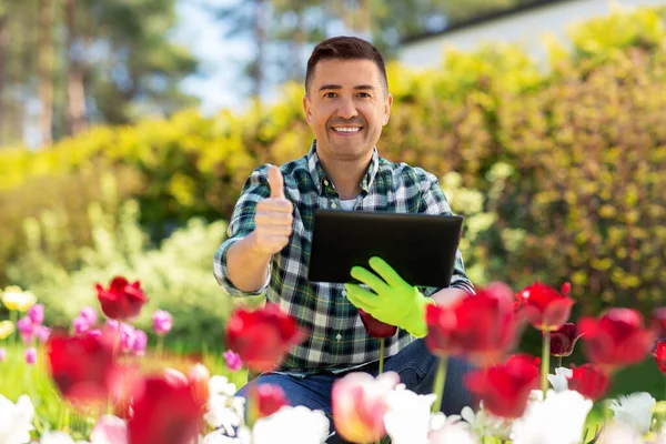 Homem com tablet pc e flores no jardim de verão — Fotografia de Stock