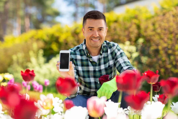 Mann mittleren Alters mit Smartphone im Blumengarten — Stockfoto