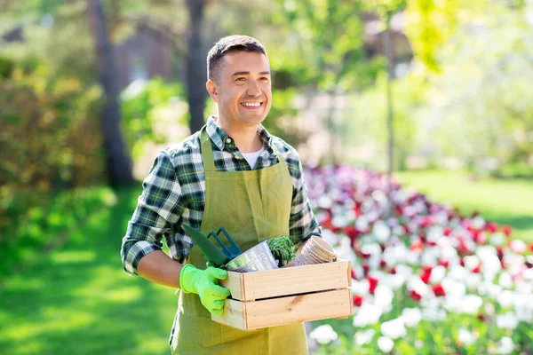 Szczęśliwy człowiek z narzędziami w pudełku w ogrodzie letnim — Zdjęcie stockowe