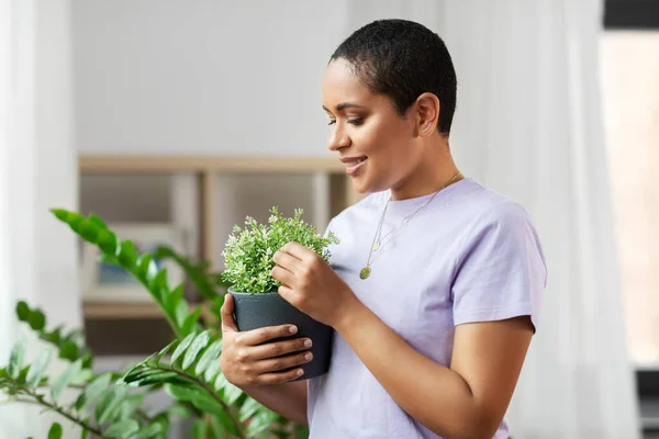 african american woman with plants at home