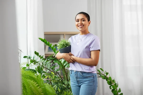 Donna afroamericana con piante a casa — Foto Stock