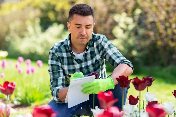 Homme avec carnet et fleurs au jardin d'été — Photo