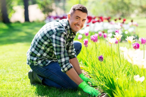 Homem feliz cuidando de flores no jardim — Fotografia de Stock