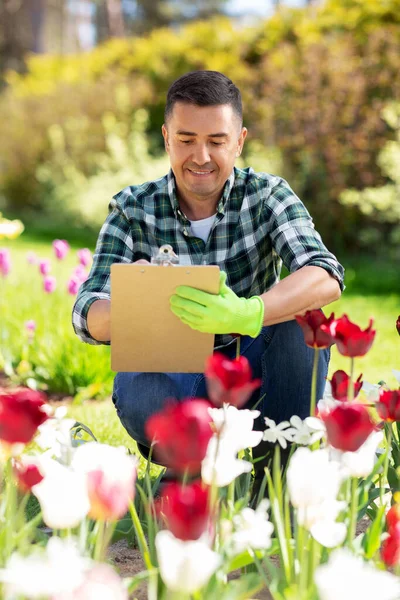 Людина з буфетом і квітами в літньому саду — стокове фото