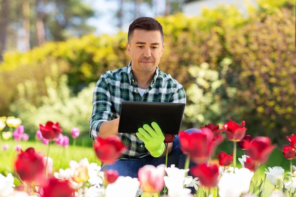 Homme avec tablette pc et fleurs au jardin d'été — Photo
