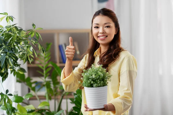 집에 화분에 꽃이 있는 행복 한 아시아 여인 — 스톡 사진