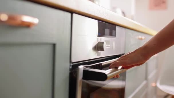 Woman cooking food in oven at home kitchen — Stock Video