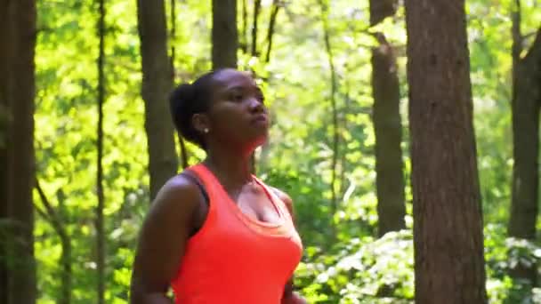Fiatal afro-amerikai nő fut az erdőben — Stock videók