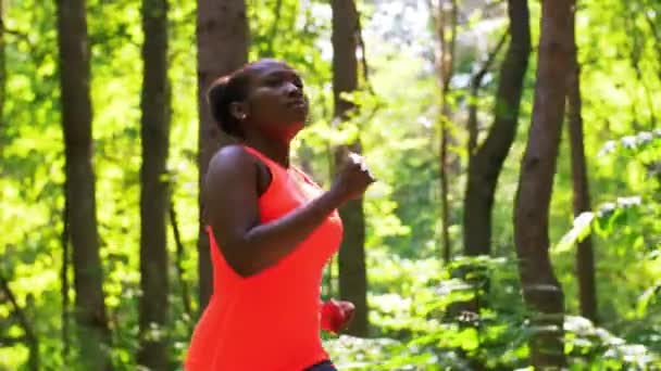 Genç Afro-Amerikan kadın ormanda koşuyor. — Stok video