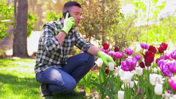 Hombre de mediana edad con teléfono inteligente en el jardín de flores — Vídeos de Stock