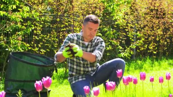 Hombre con tierra en bolsa y flores trabajando en el jardín — Vídeos de Stock