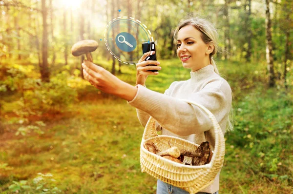 Kobieta za pomocą smartfona do identyfikacji grzybów — Zdjęcie stockowe