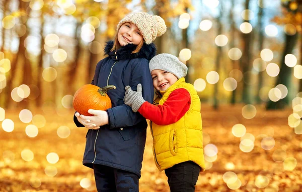 Happy children with pumpkin hugging at autumn park — Stock Photo, Image