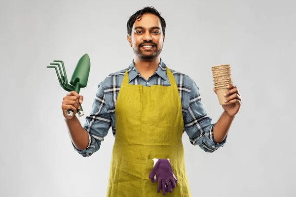 Indian gardener or farmer with box of garden tools — Stock Photo, Image