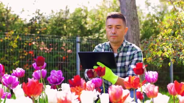 Man med surfplatta och blommor på sommaren trädgård — Stockvideo