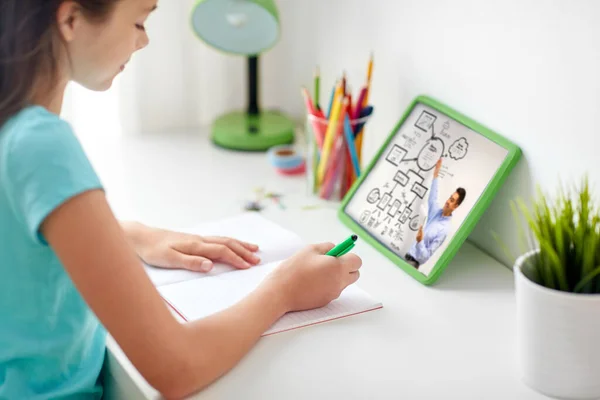 Girl with tablet pc writing to notebook at home — Stock Photo, Image