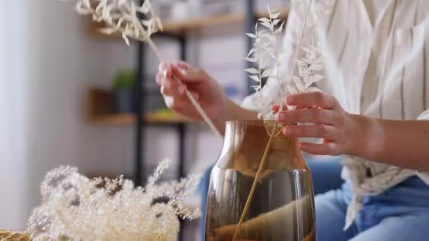 Vrouw regelen van gedroogde bloemen in vaas thuis — Stockvideo