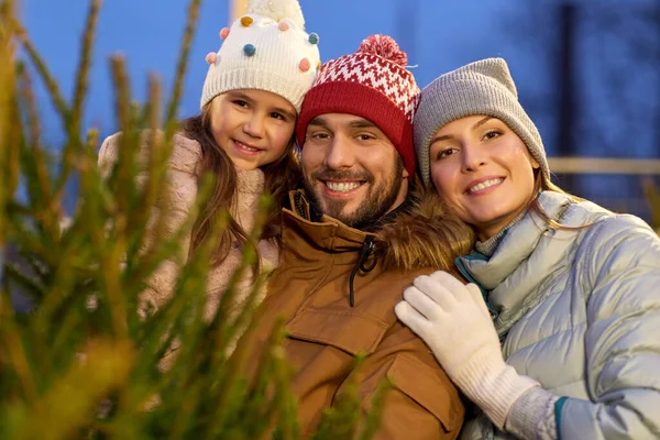 Lycklig familj väljer julgran på marknaden — Stockfoto