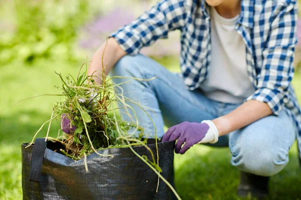 Vrouw met tas vol wiet in zomertuin — Stockfoto