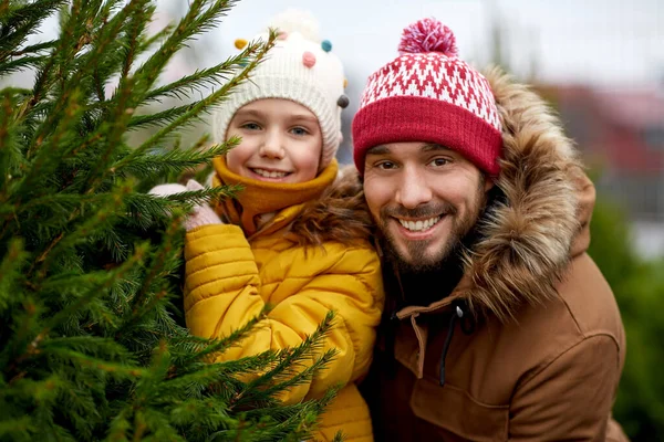 幸せな家族は市場でクリスマスツリーを選ぶ — ストック写真