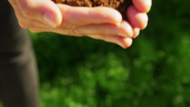 Samengeknepen handen houden grond in de zomer tuin — Stockvideo