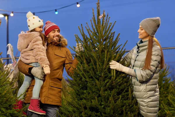 Счастливая семья выбирает елку на рынке — стоковое фото