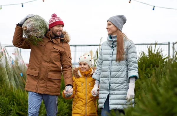 Счастливая семья покупает елку на рынке — стоковое фото