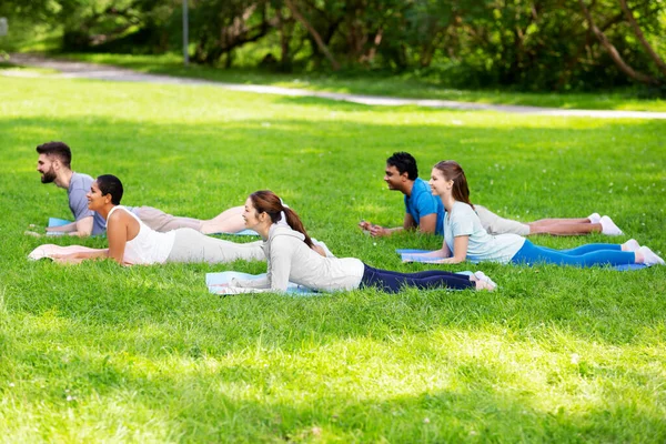 Grupo de personas haciendo yoga en el parque de verano — Foto de Stock