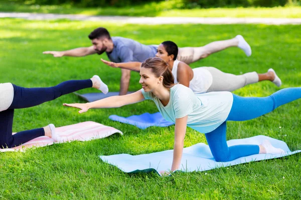 Yaz parkında yoga yapan bir grup insan. — Stok fotoğraf