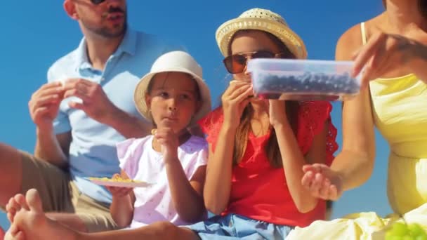 Gelukkig gezin picknicken op het zomerstrand — Stockvideo