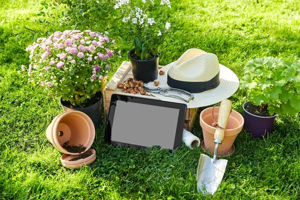 Tablet pc, ferramentas de jardim e flores no verão — Fotografia de Stock
