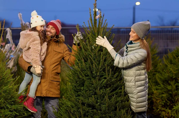 幸せな家族は市場でクリスマスツリーを選ぶ — ストック写真