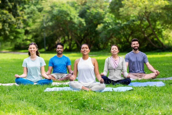 Grupo de pessoas felizes fazendo ioga no parque de verão — Fotografia de Stock