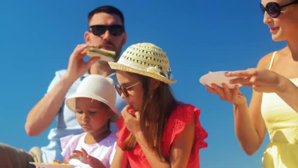 Glückliche Familie beim Picknick am Sommerstrand — Stockvideo