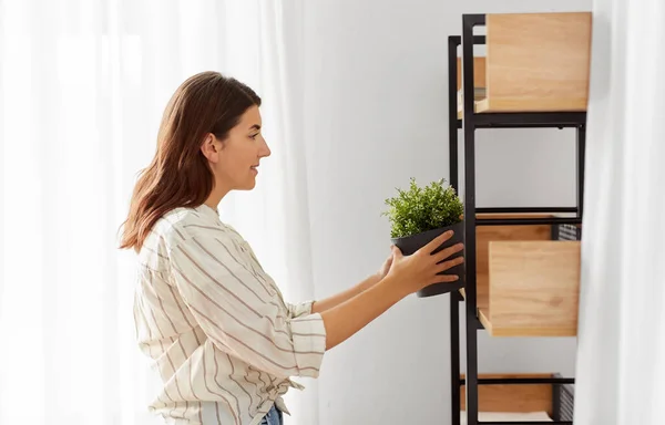 Mujer decorando el hogar con flor o planta de interior —  Fotos de Stock