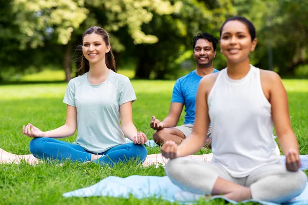 Group of people doing yoga at summer park — Stock Photo, Image