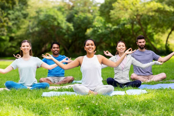 Grupp glada människor som gör yoga på sommarparken — Stockfoto