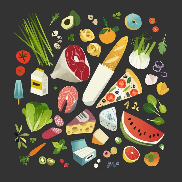 水果和蔬菜 肉类和奶酪 一些烘焙食品和乳制品 — 图库矢量图片