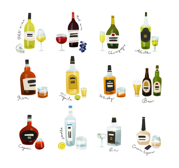 Mini Coleção Garrafas Bebidas Alcoólicas Definidas Estilo Design Plano —  Vetores de Stock